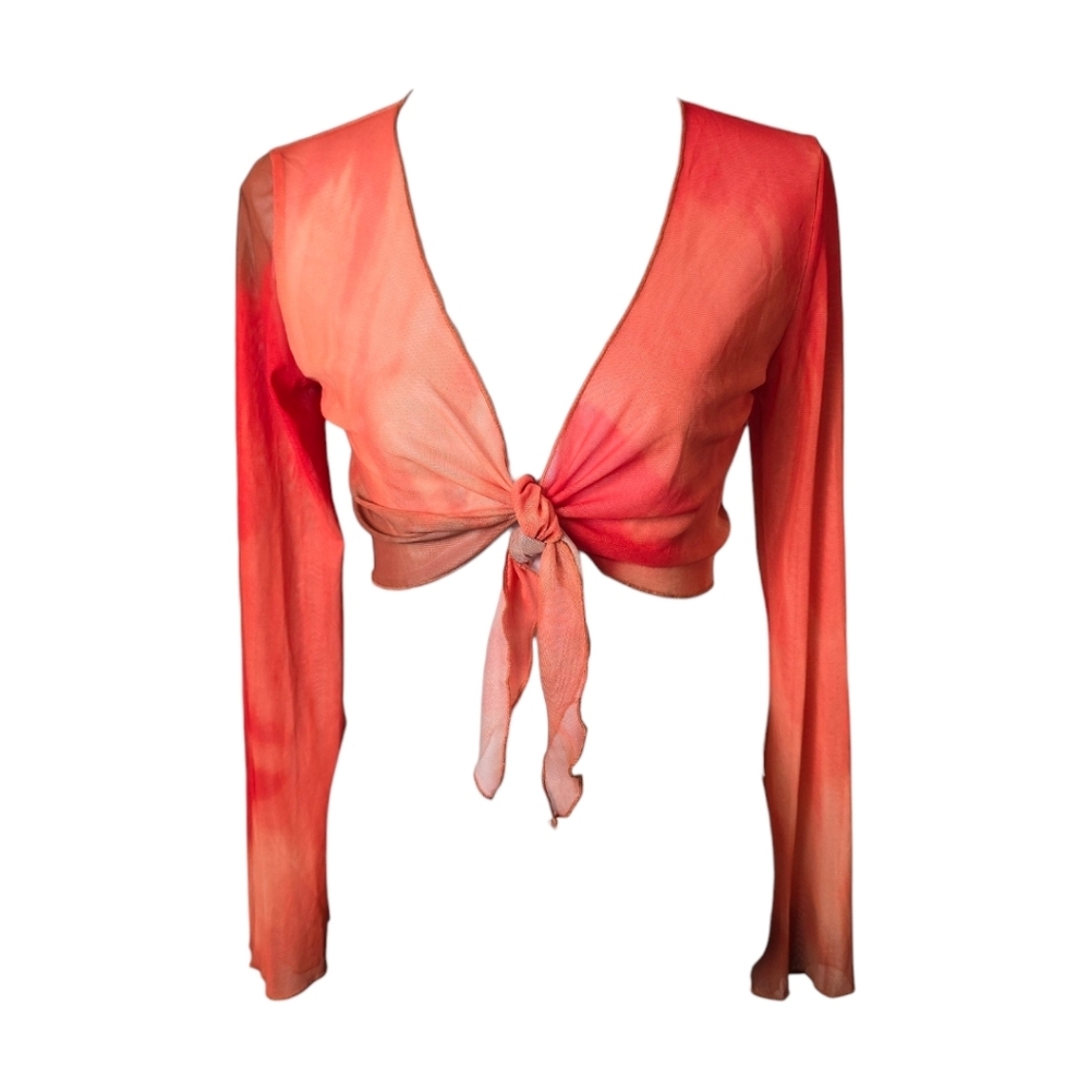 Long Sleeve Tie-Front Swim Coverup in Coral Ombre